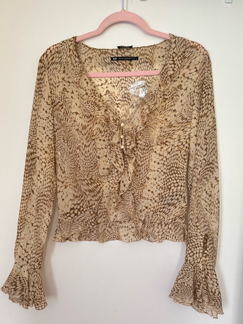 ECOTE Beige Snake Skin Printed Ruffle V-Neck Blouse